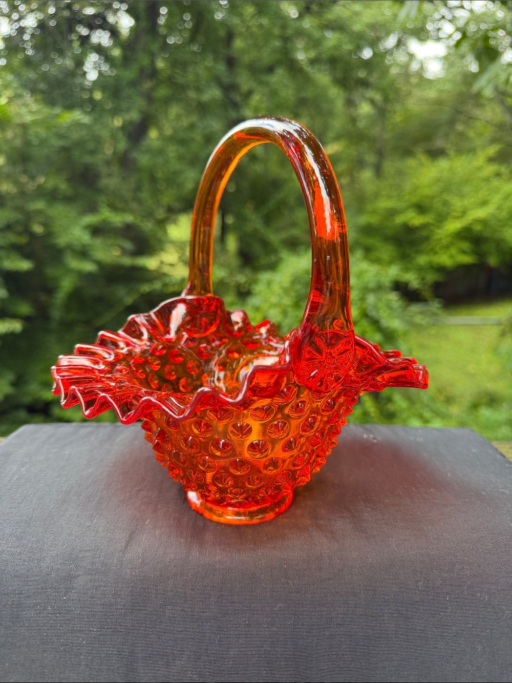 Fenton Hobnail Glass Basket - amberina